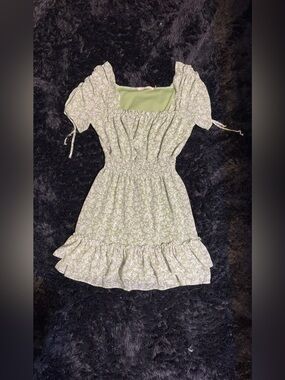 Light Green Floral Square-Neck Mini Dress
